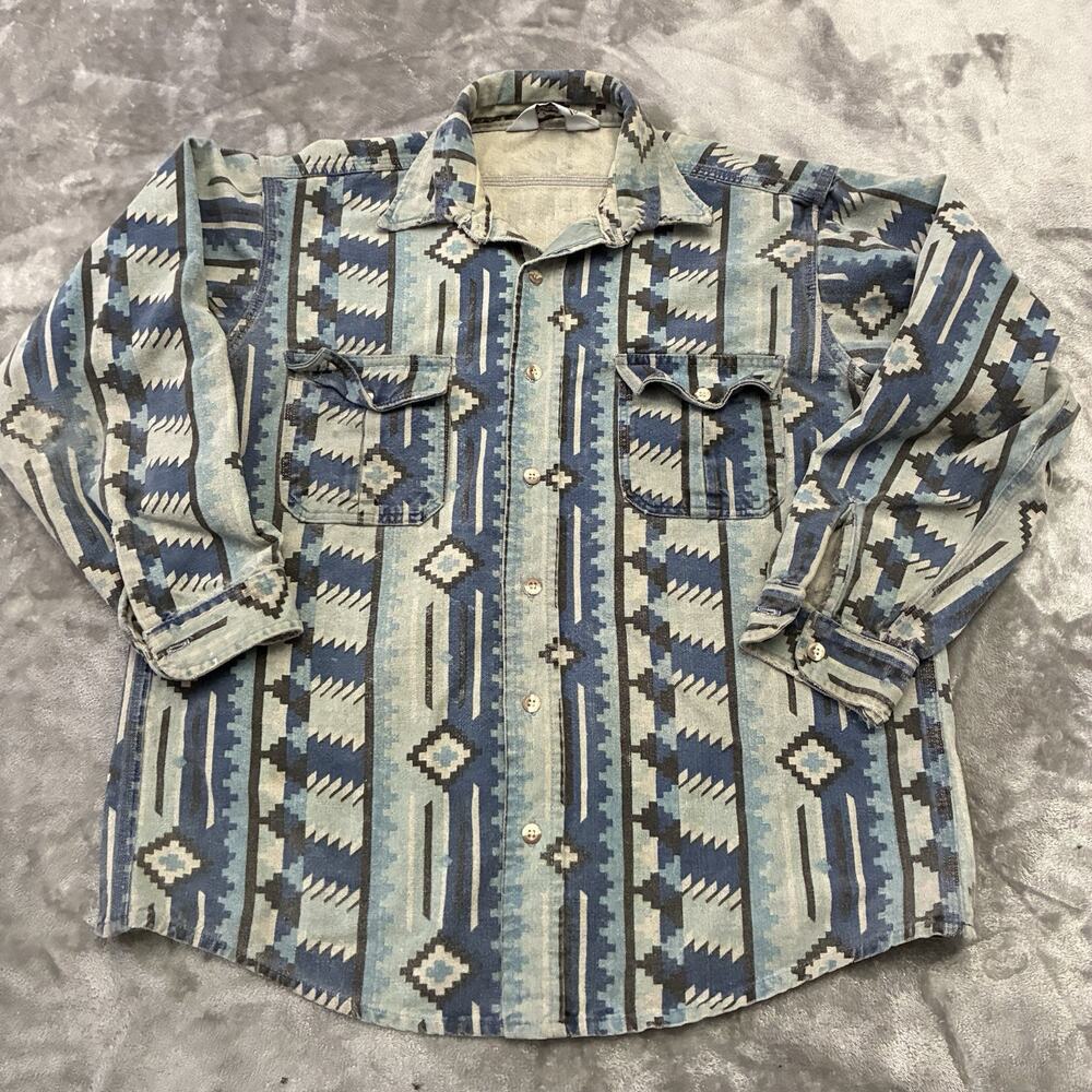 Vintage The Sportsmans Guide Shirt Mens Medium M Blue Chamois Aztec Button Up